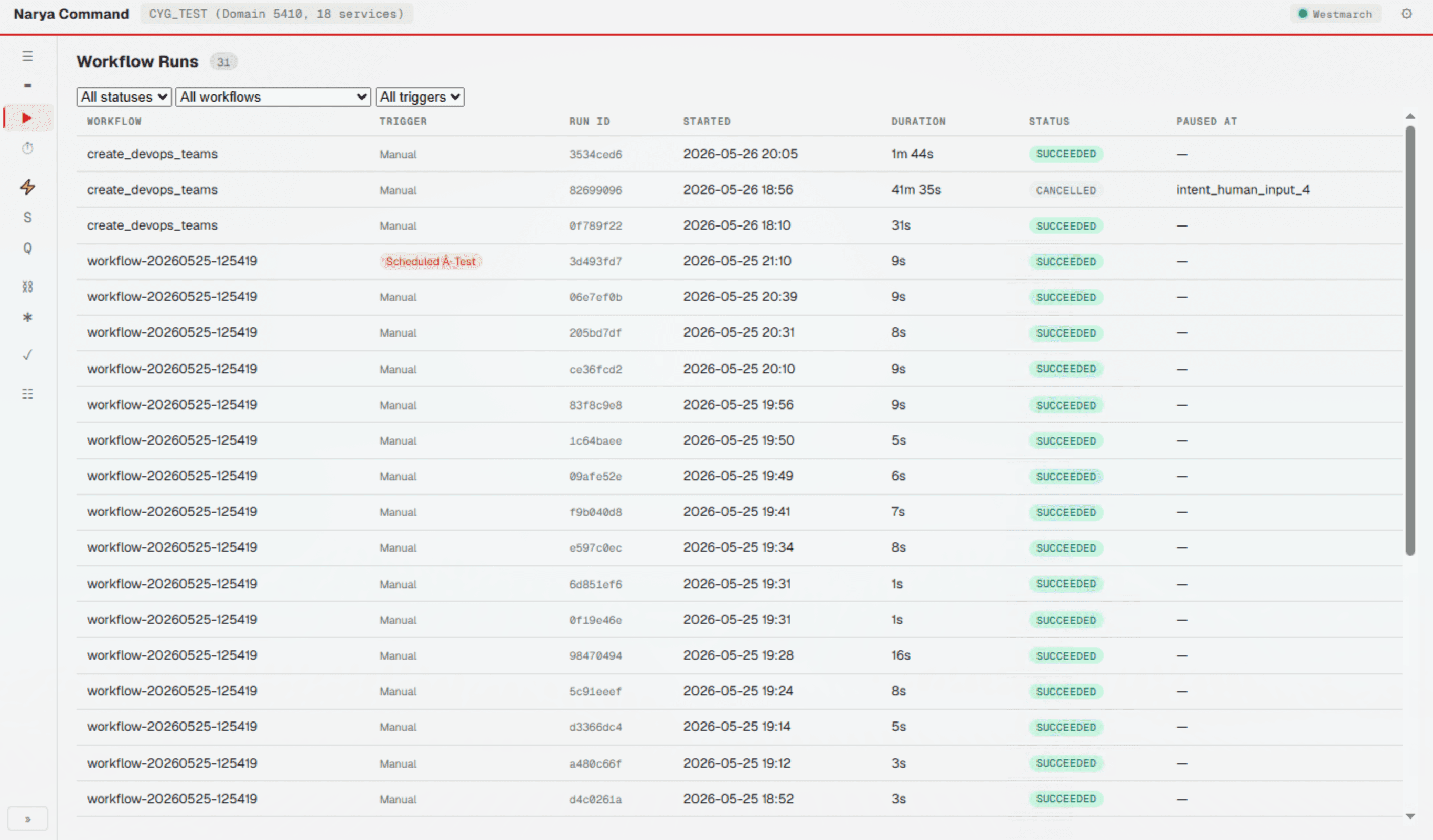 Narya Command workflow runs list with statuses, durations, triggers, and paused-at information