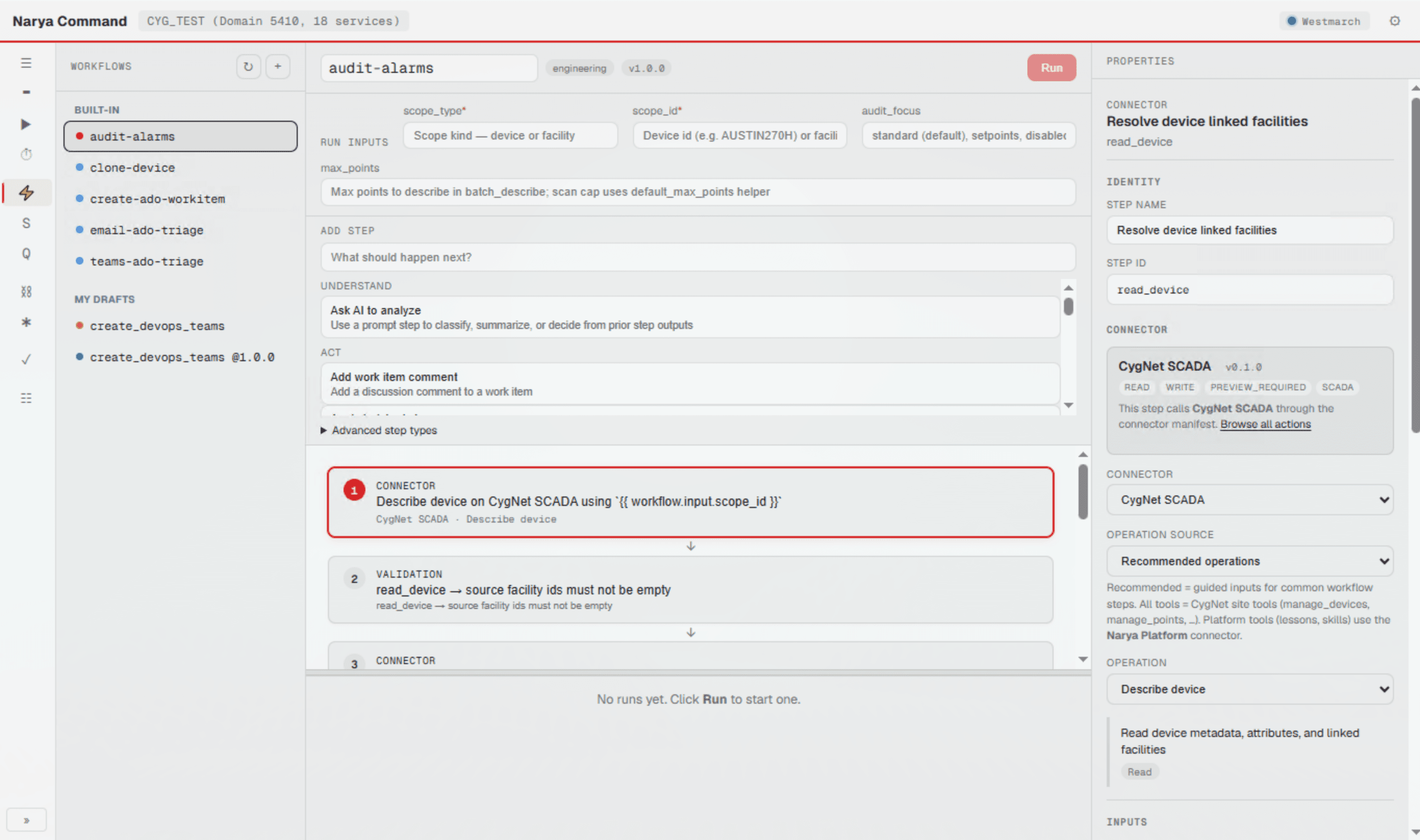 Narya Command workflow builder showing an audit-alarms workflow with connector and validation steps